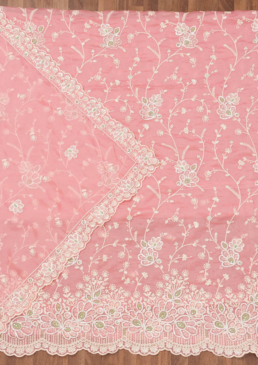 Pink Tissue Sequins Unstitched Dress Material With Matching Bottom And Dupatta