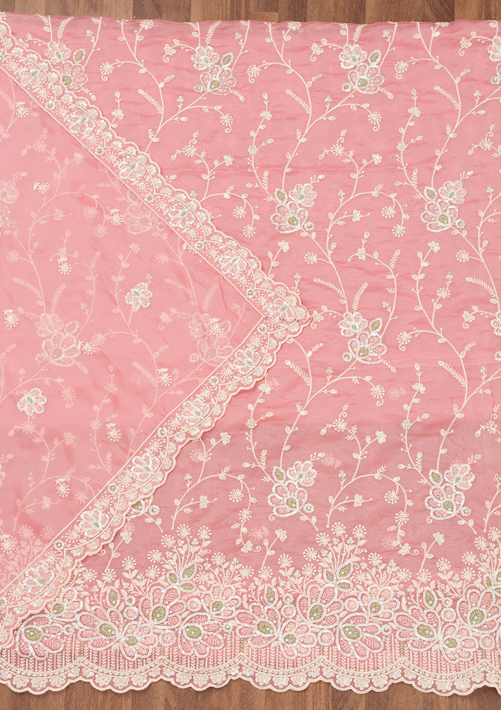 Pink Tissue Sequins Unstitched Dress Material With Matching Bottom And Dupatta