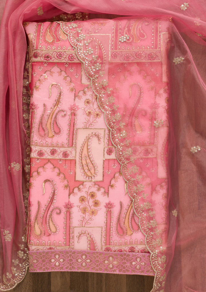 Pink Sequins Organza Unstitched Salwar Suit