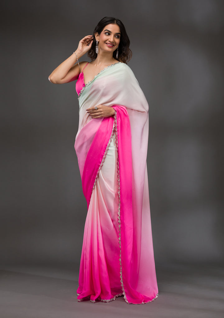 Pink Satin Silver Stonework Saree With Matching Blouse Piece