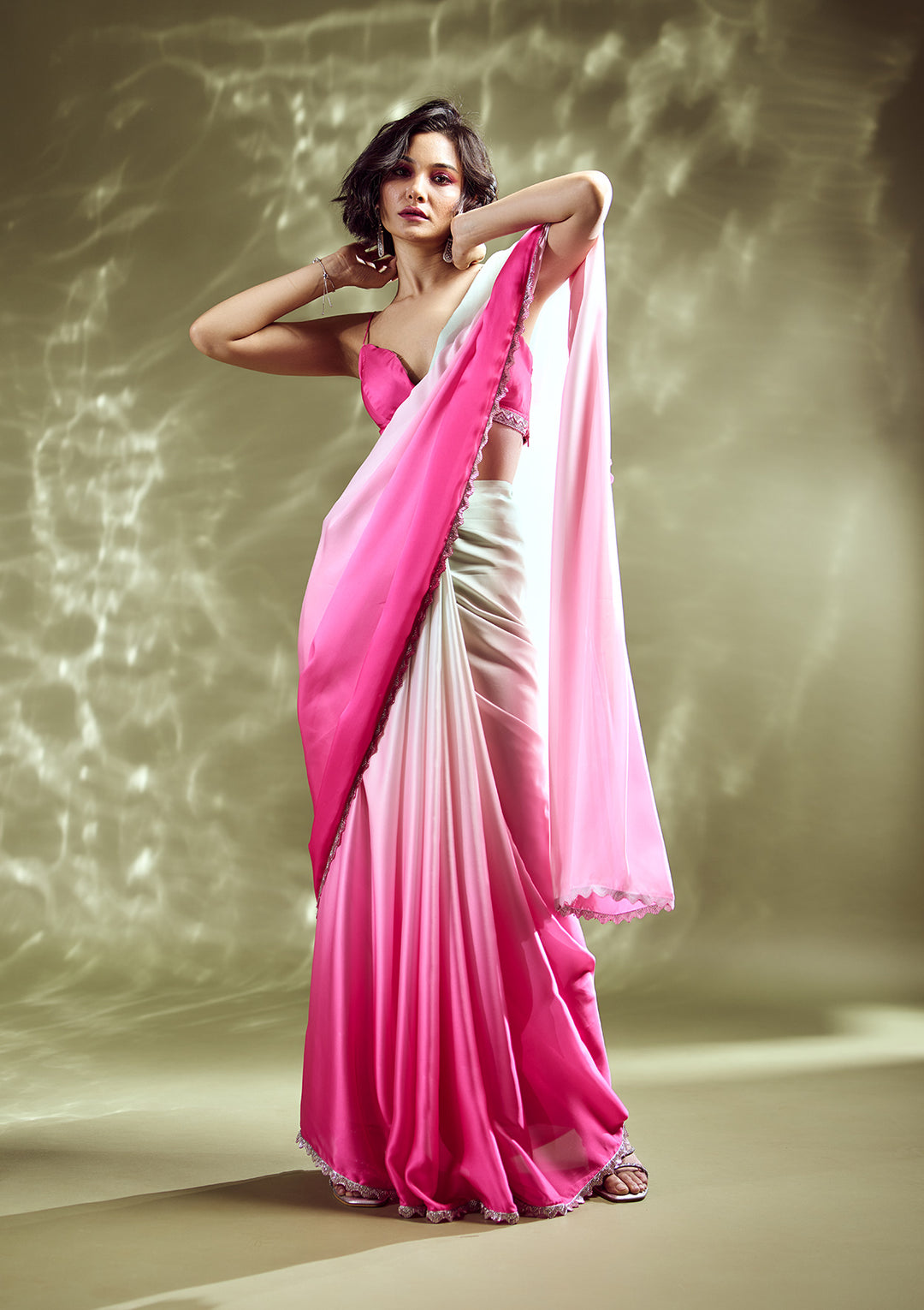Pink Satin Silver Stonework Saree With Matching Blouse Piece