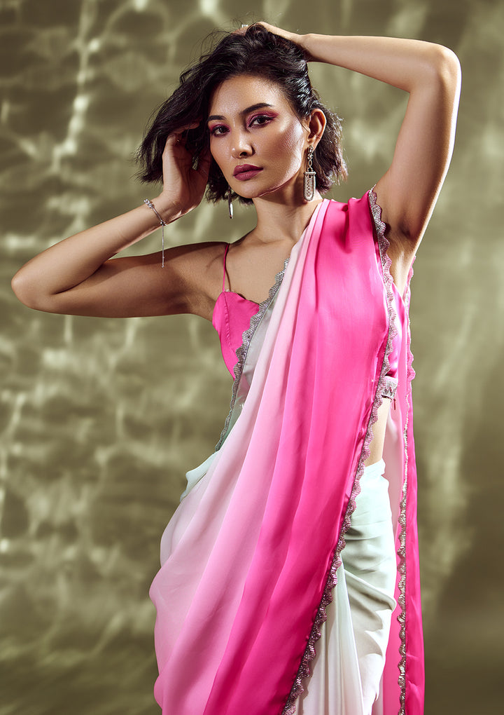 Pink Satin Silver Stonework Saree With Matching Blouse Piece