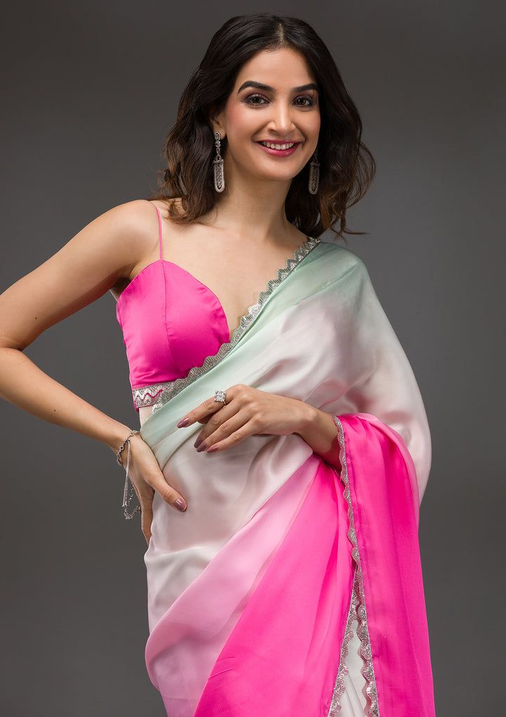 Pink Satin Silver Stonework Saree With Matching Blouse Piece