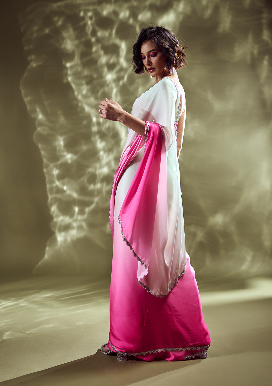 Pink Satin Silver Stonework Saree With Matching Blouse Piece