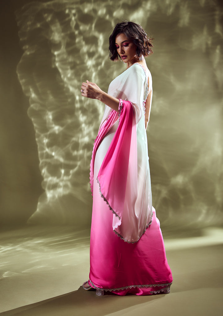 Pink Satin Silver Stonework Saree With Matching Blouse Piece