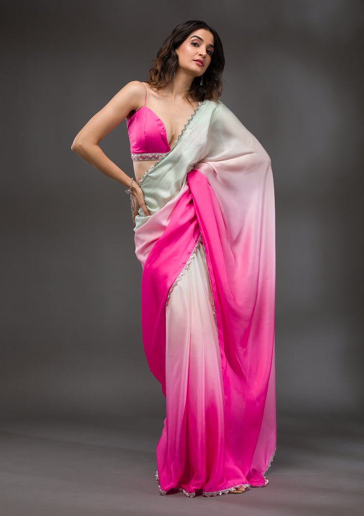 Pink Satin Silver Stonework Saree With Matching Blouse Piece