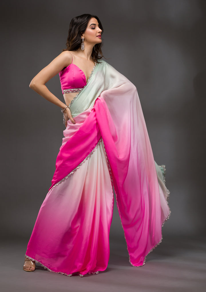 Pink Satin Silver Stonework Saree With Matching Blouse Piece