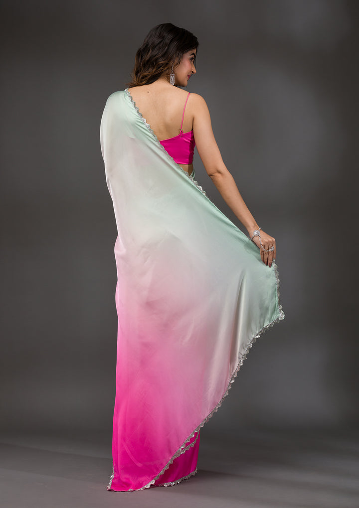 Pink Satin Silver Stonework Saree With Matching Blouse Piece