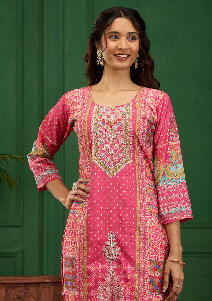 Pink Stonework Semi Crepe Readymade Salwar Suit