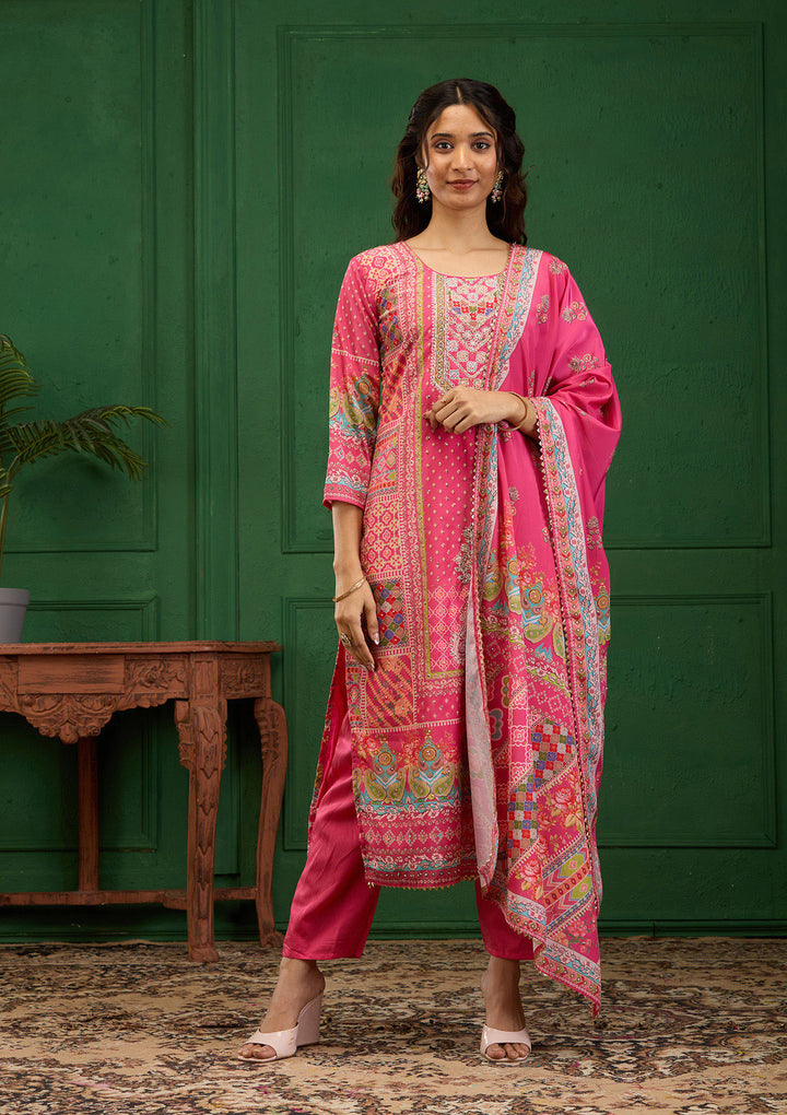 Pink Stonework Semi Crepe Readymade Salwar Suit