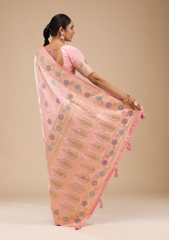 Koskii Orange Saree with Exquisite Threadwork – Traditional Elegance