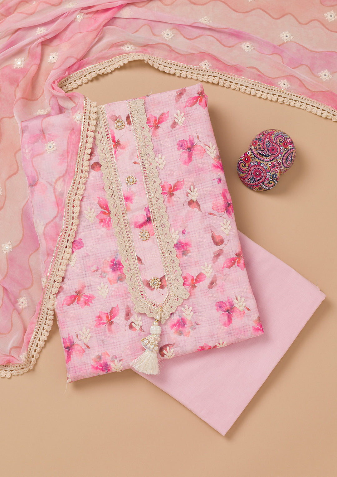 Pink Multi Cotton Floral Threadwork Unstitched Dress Material With Matching Bottom And Dupatta