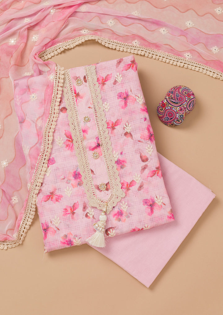 Pink Multi Cotton Floral Threadwork Unstitched Dress Material With Matching Bottom And Dupatta