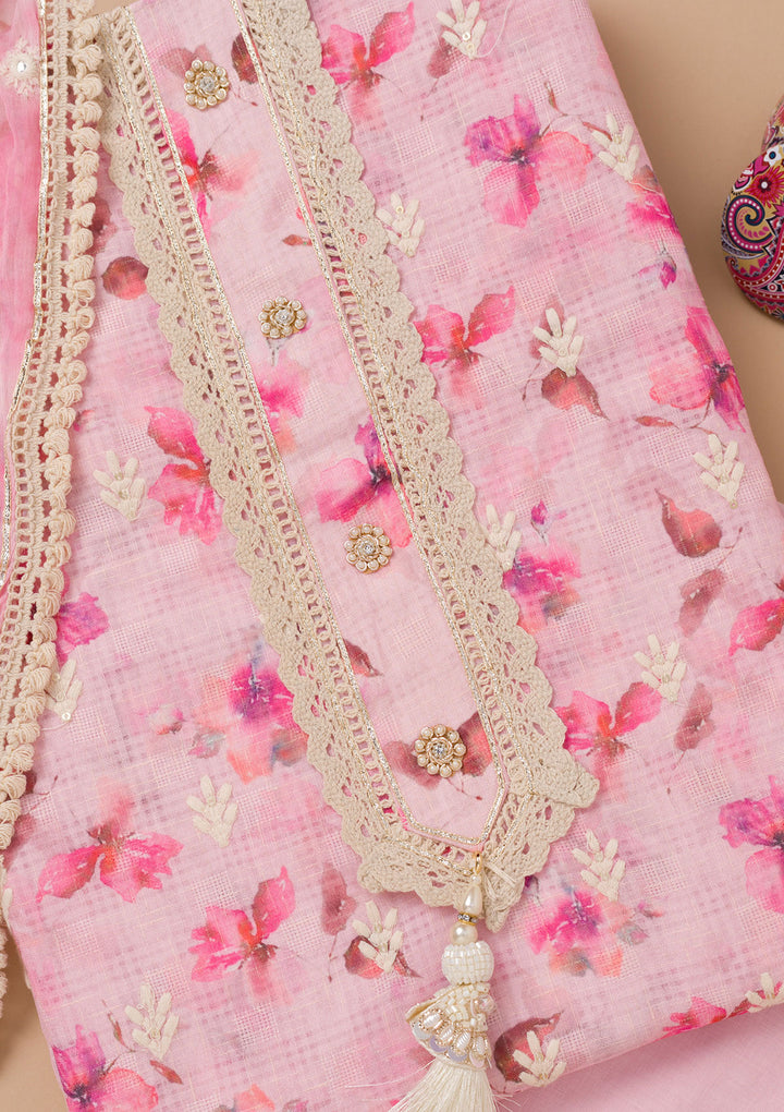 Pink Multi Cotton Floral Threadwork Unstitched Dress Material With Matching Bottom And Dupatta