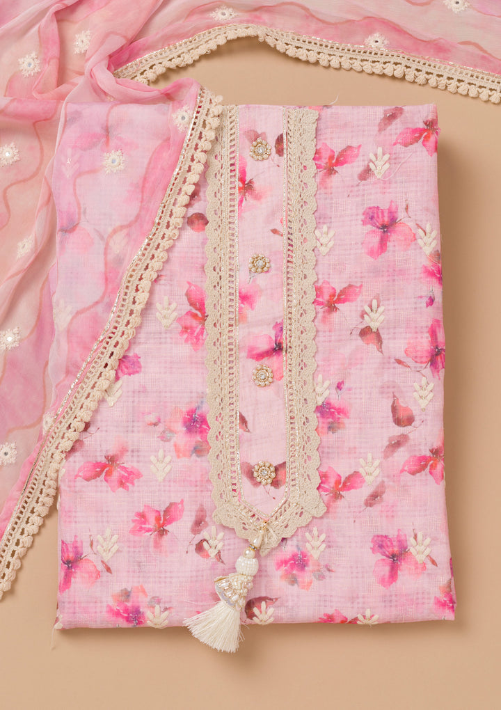 Pink Multi Cotton Floral Threadwork Unstitched Dress Material With Matching Bottom And Dupatta