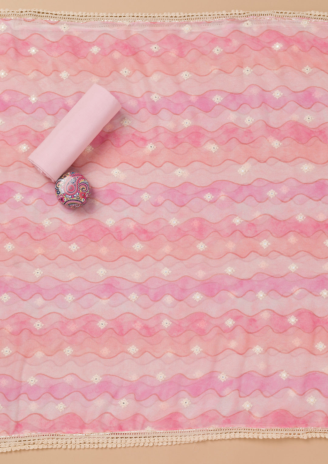 Pink Multi Cotton Floral Threadwork Unstitched Dress Material With Matching Bottom And Dupatta
