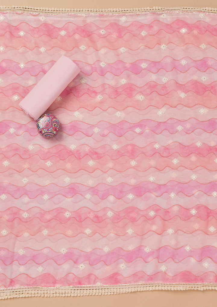 Pink Multi Cotton Floral Threadwork Unstitched Dress Material With Matching Bottom And Dupatta