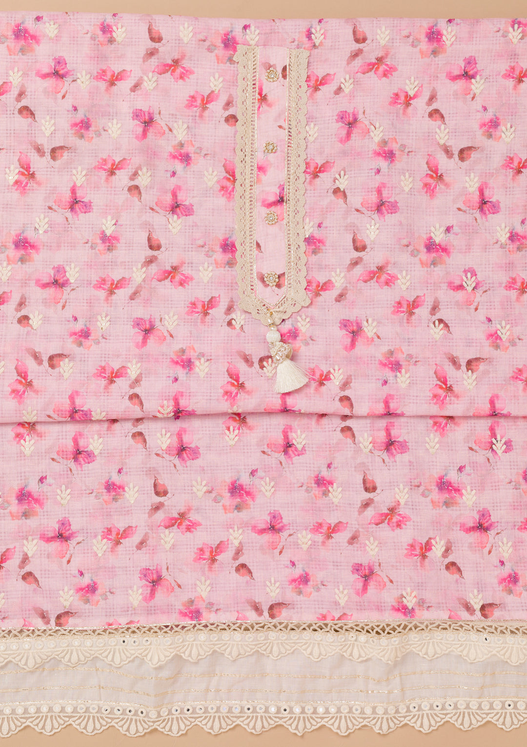 Pink Multi Cotton Floral Threadwork Unstitched Dress Material With Matching Bottom And Dupatta