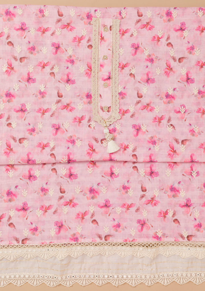 Pink Multi Cotton Floral Threadwork Unstitched Dress Material With Matching Bottom And Dupatta