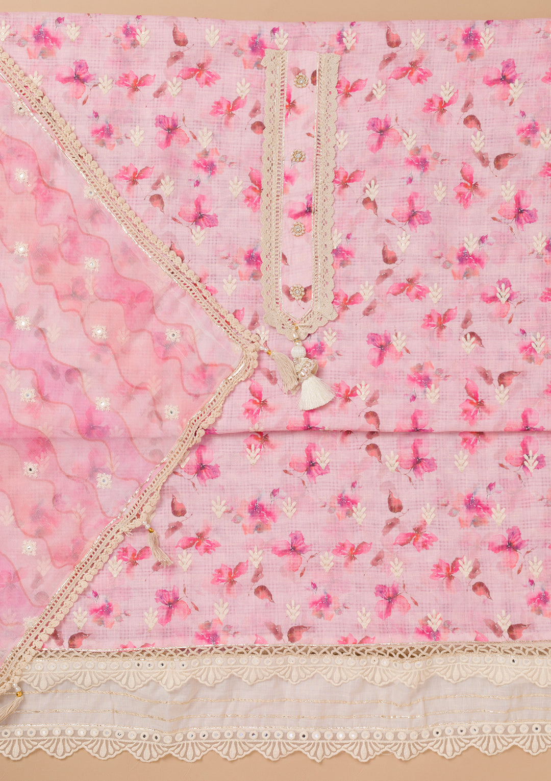 Pink Multi Cotton Floral Threadwork Unstitched Dress Material With Matching Bottom And Dupatta