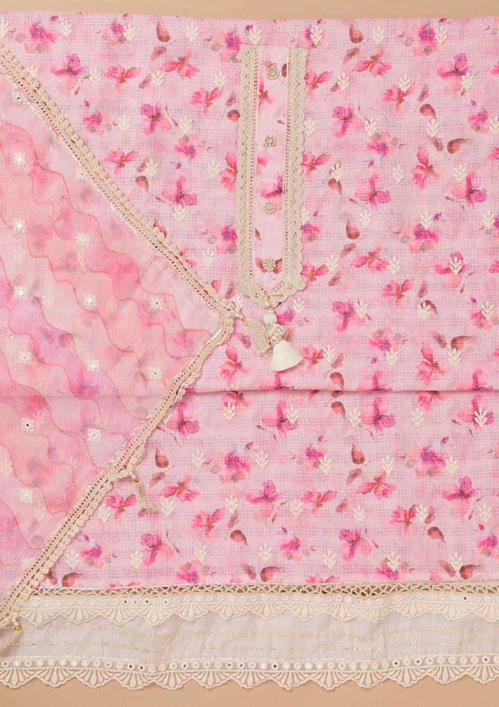 Pink Multi Cotton Floral Threadwork Unstitched Dress Material With Matching Bottom And Dupatta