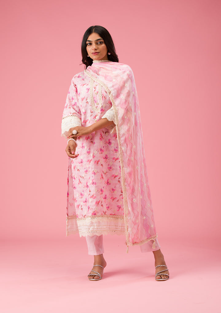 Pink Multi Cotton Floral Threadwork Unstitched Dress Material With Matching Bottom And Dupatta