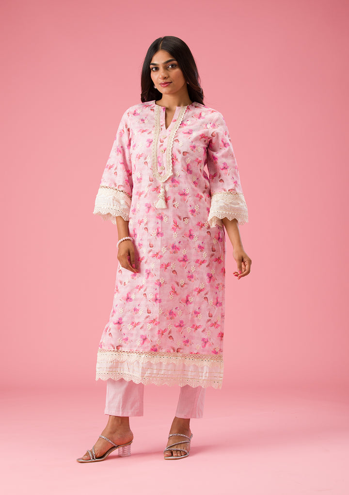 Pink Multi Cotton Floral Threadwork Unstitched Dress Material With Matching Bottom And Dupatta