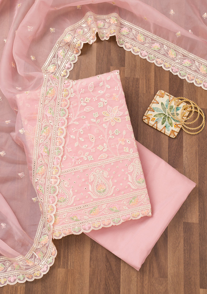 Pink Organza Threadwork Unstitched Dress Material With Matching Bottom And Dupatta