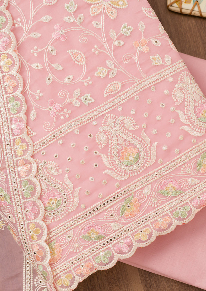 Pink Organza Threadwork Unstitched Dress Material With Matching Bottom And Dupatta