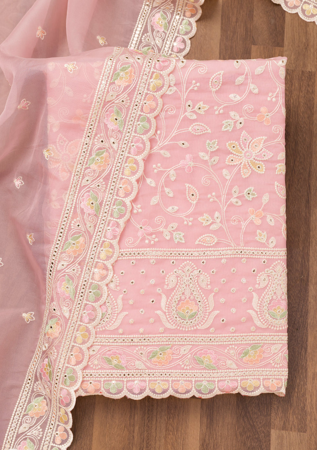 Pink Organza Threadwork Unstitched Dress Material With Matching Bottom And Dupatta