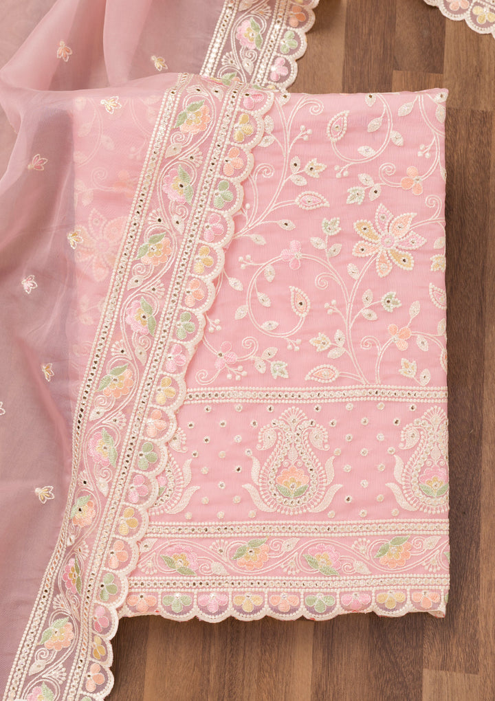 Pink Organza Threadwork Unstitched Dress Material With Matching Bottom And Dupatta
