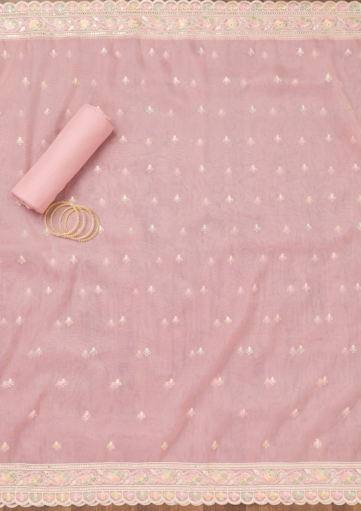 Pink Organza Threadwork Unstitched Dress Material With Matching Bottom And Dupatta