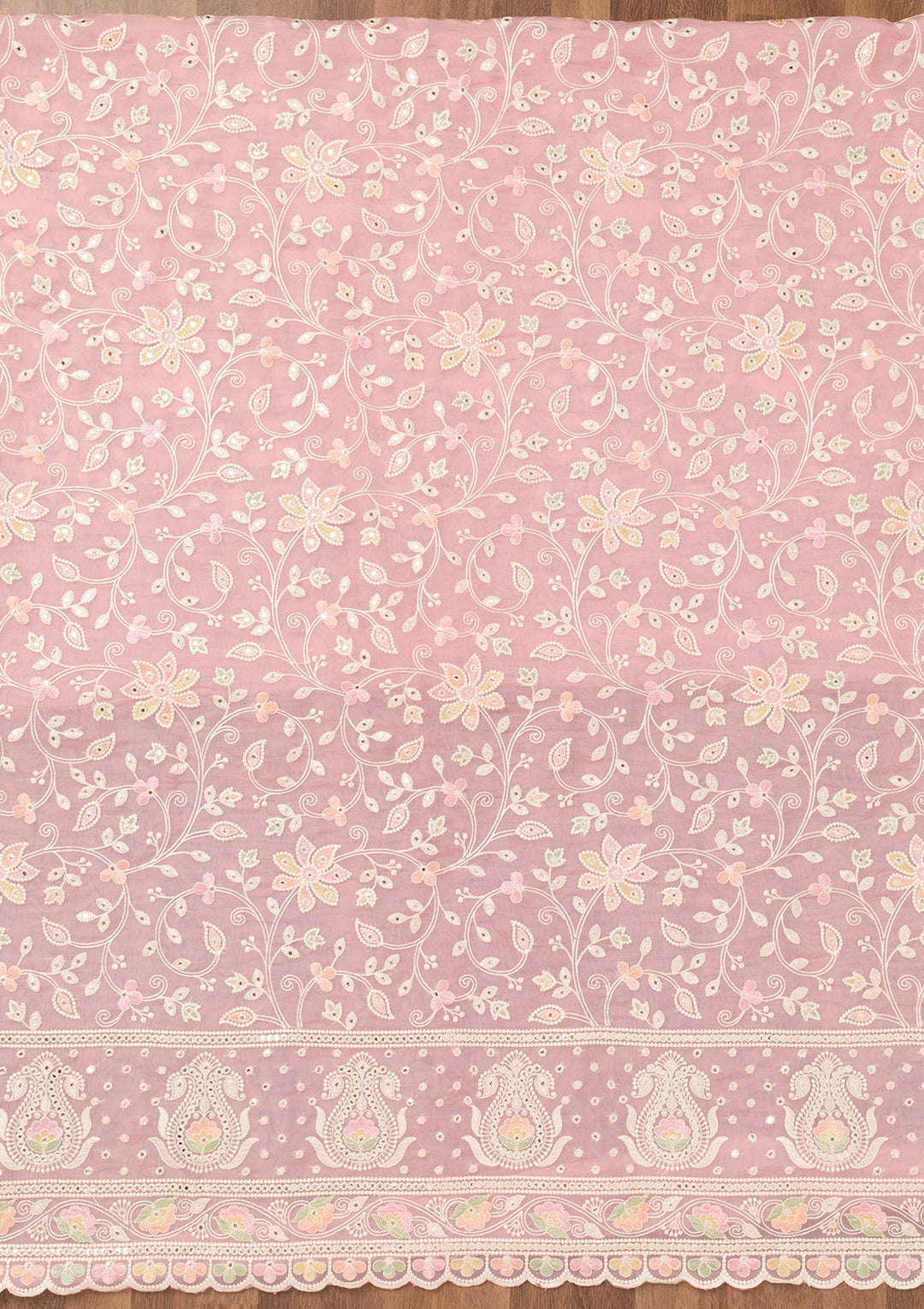 Pink Organza Threadwork Unstitched Dress Material With Matching Bottom And Dupatta