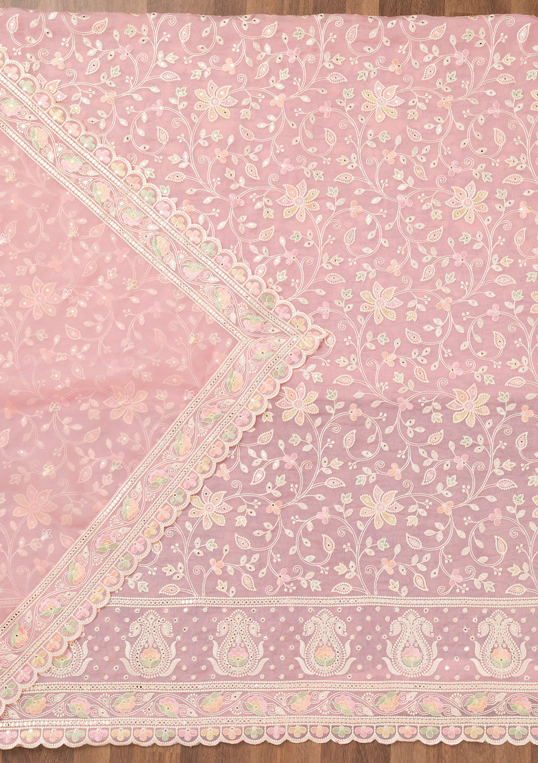 Pink Organza Threadwork Unstitched Dress Material With Matching Bottom And Dupatta