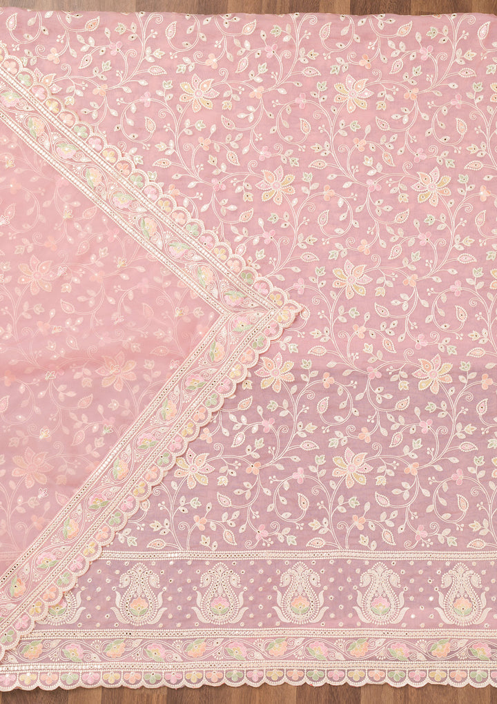 Pink Organza Threadwork Unstitched Dress Material With Matching Bottom And Dupatta
