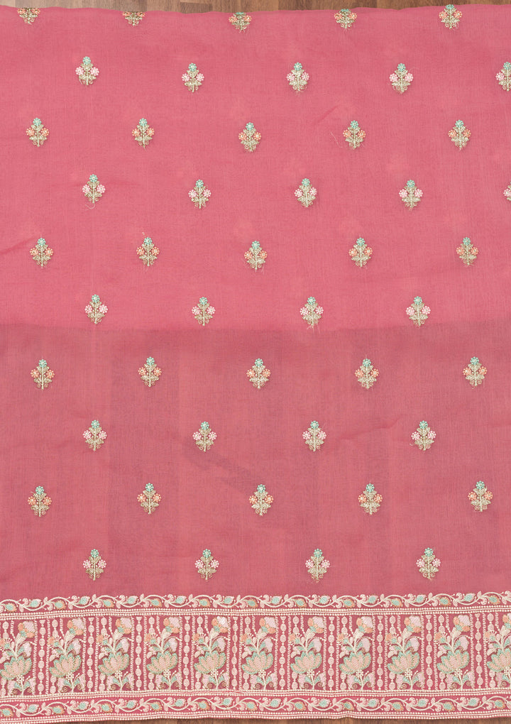 Pink Organza Threadwork Unstitched Dress Material With Matching Bottom And Dupatta