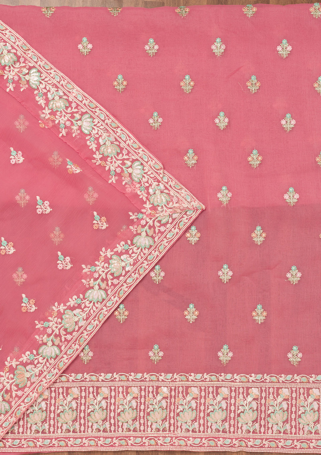 Pink Organza Threadwork Unstitched Dress Material With Matching Bottom And Dupatta