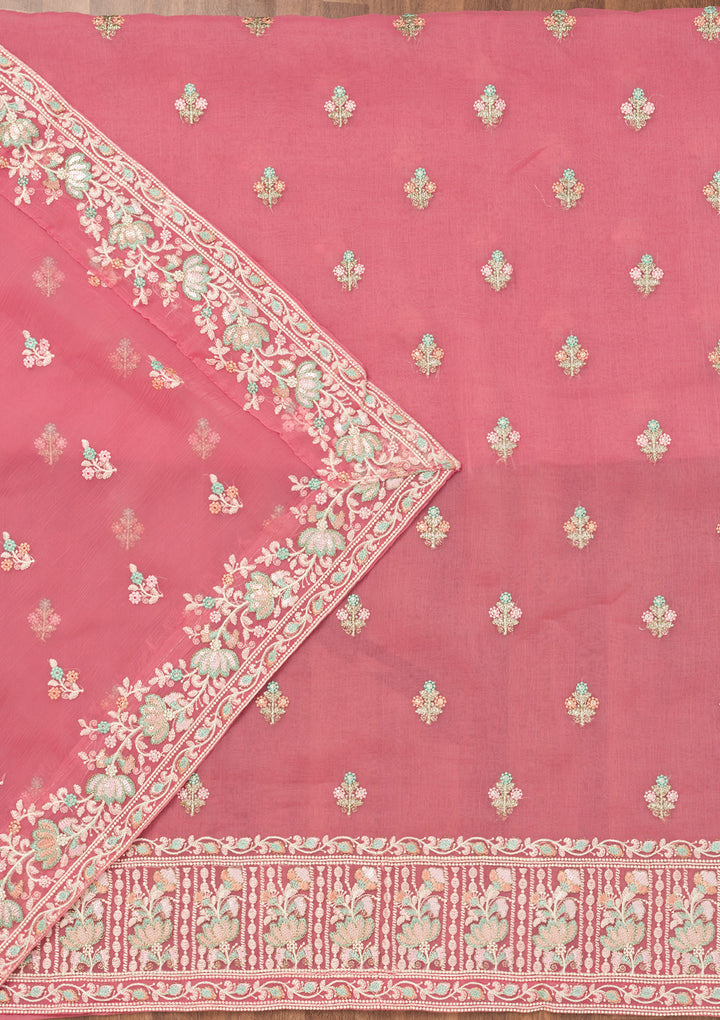 Pink Organza Threadwork Unstitched Dress Material With Matching Bottom And Dupatta