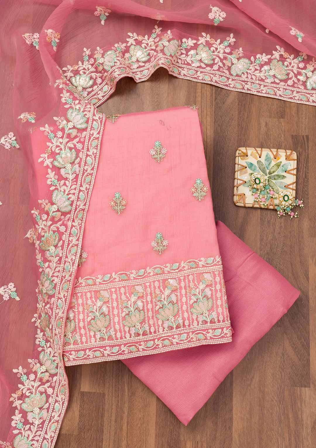 Pink Organza Threadwork Unstitched Dress Material With Matching Bottom And Dupatta