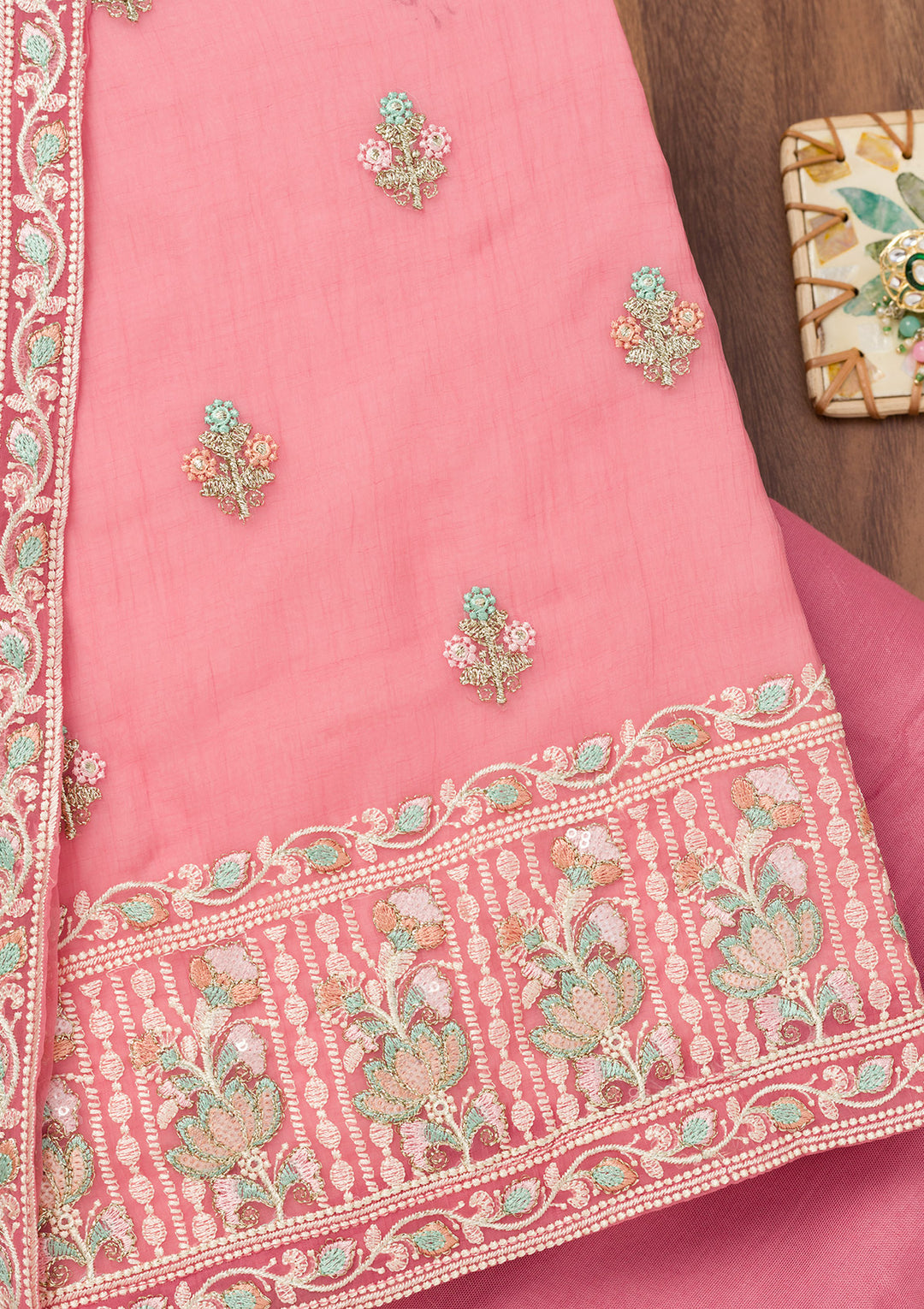 Pink Organza Threadwork Unstitched Dress Material With Matching Bottom And Dupatta