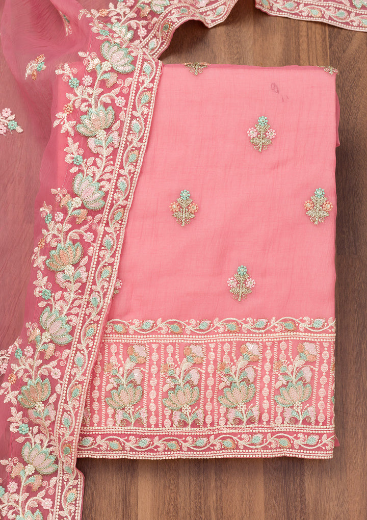 Pink Organza Threadwork Unstitched Dress Material With Matching Bottom And Dupatta