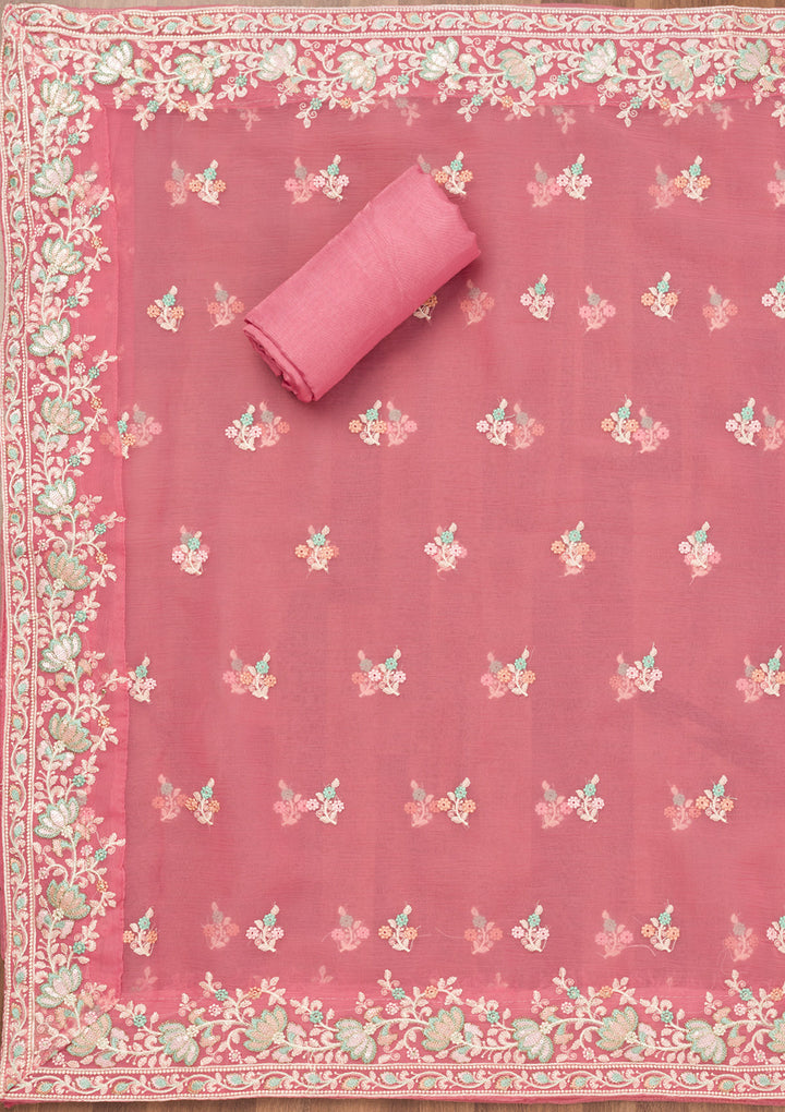 Pink Organza Threadwork Unstitched Dress Material With Matching Bottom And Dupatta