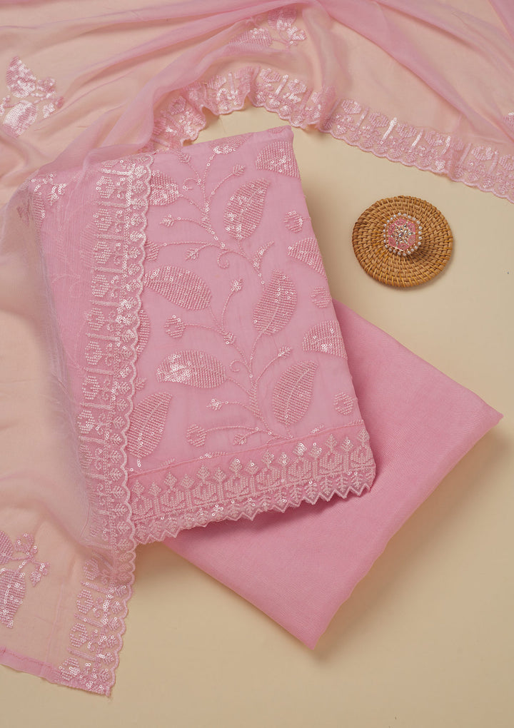 Pink Georgette Threadwork Unstitched Dress Material With Matching Bottom And Dupatta