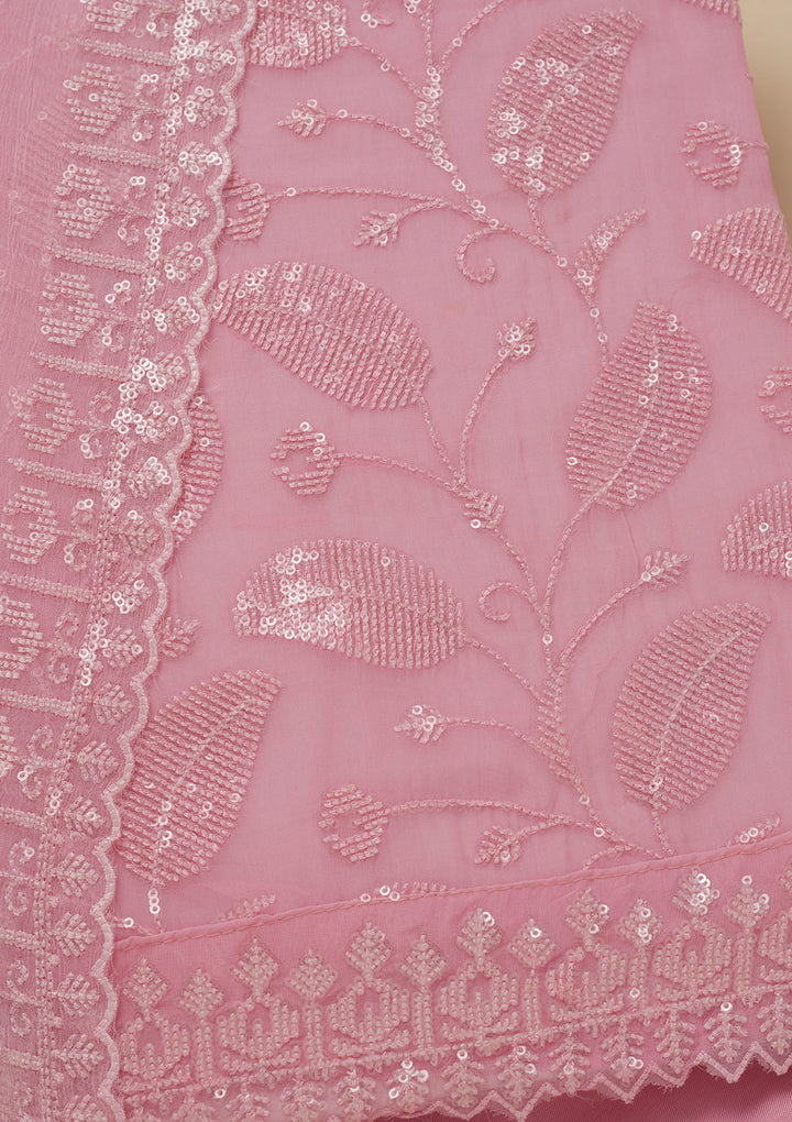 Pink Georgette Threadwork Unstitched Dress Material With Matching Bottom And Dupatta