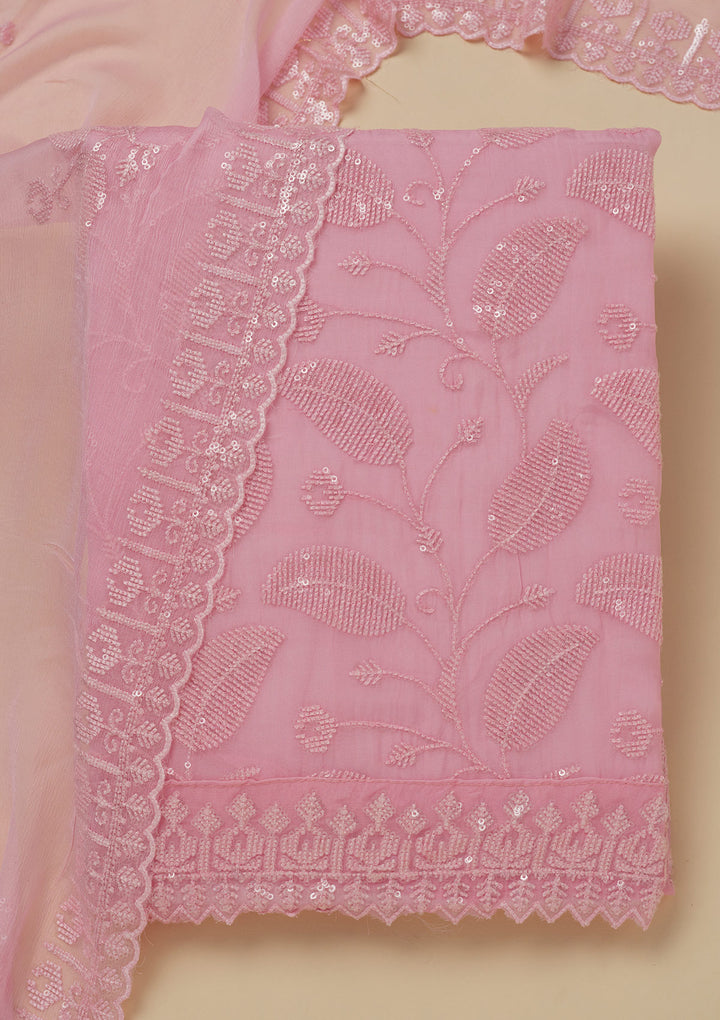 Pink Georgette Threadwork Unstitched Dress Material With Matching Bottom And Dupatta