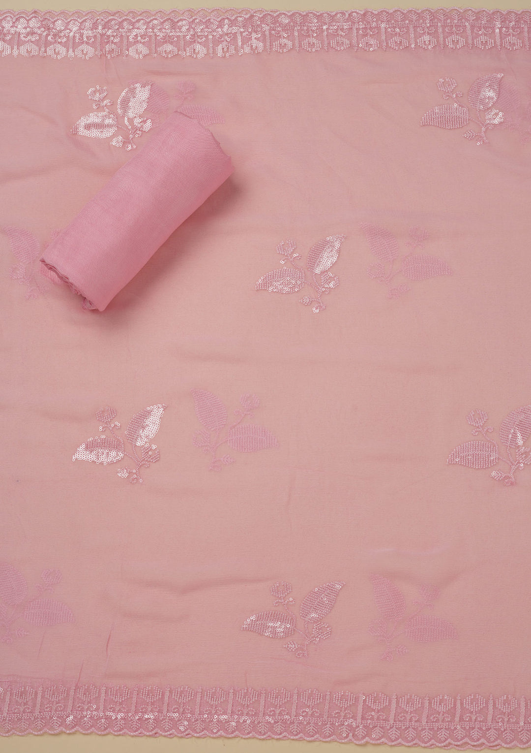 Pink Georgette Threadwork Unstitched Dress Material With Matching Bottom And Dupatta