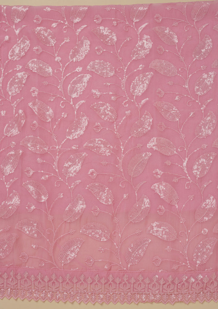 Pink Georgette Threadwork Unstitched Dress Material With Matching Bottom And Dupatta