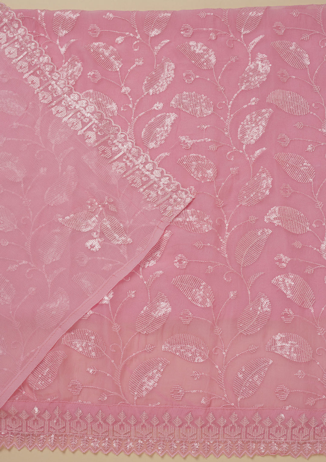 Pink Georgette Threadwork Unstitched Dress Material With Matching Bottom And Dupatta