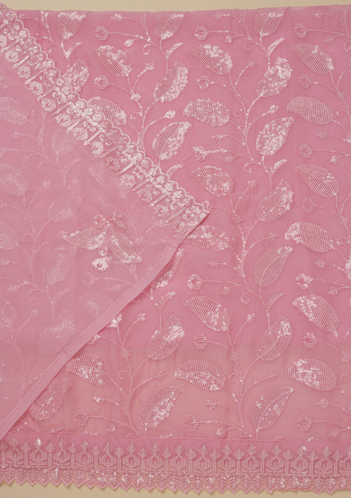 Pink Georgette Threadwork Unstitched Dress Material With Matching Bottom And Dupatta