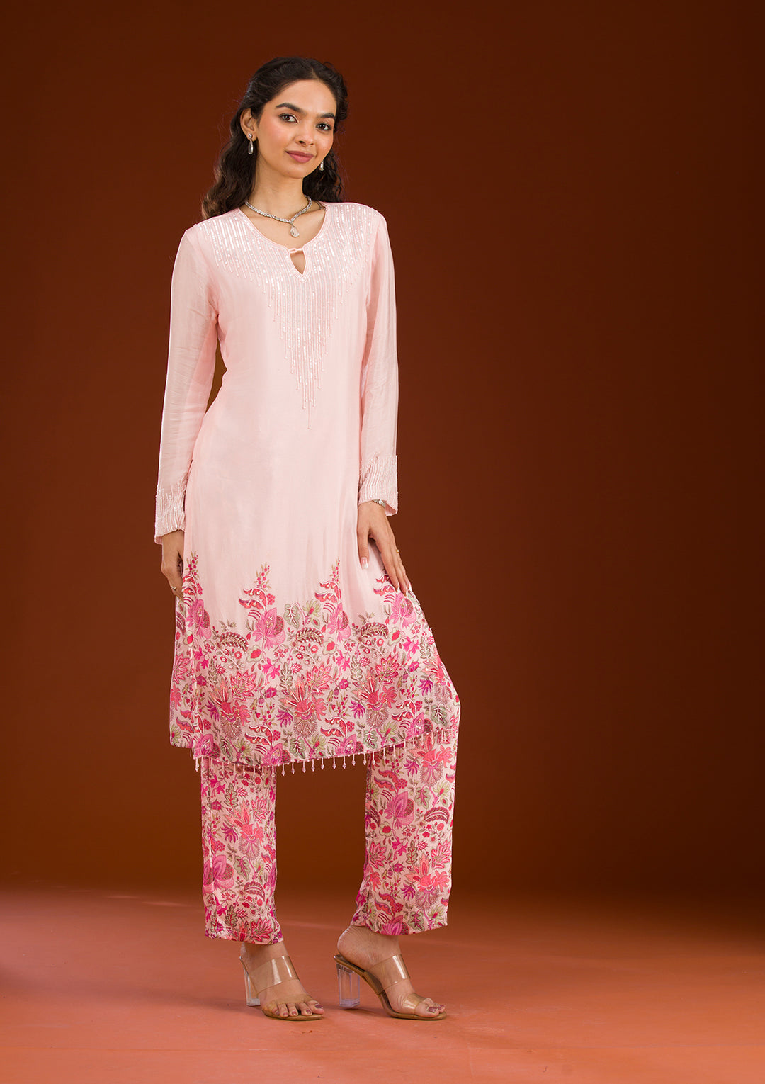 Koskii Crepe Pink Salwar Suit – Sequined Readymade Elegance
